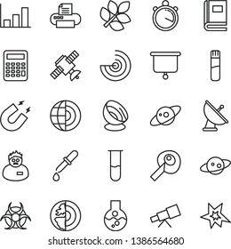 thin line vector icon set - printer vector, flask, test tube, telescope, satellite, book, biohazard, pipette, magnet, scientist, calculator, artifical insimination, growth graph, radar, earth core