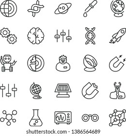 thin line vector icon set - horseshoe magnet vector, space rocket, flask, molecule, glasses, dna, brain, gears, settings, pipette, globe, oscilloscope, scientist, earth core, robot, sun panel