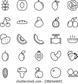 thin line vector icon set - loaf vector, mushroom, hot porridge, cabbage, mint, cherry, peach, branch of grape, squash, half medlar, tasty cornels, slice melon, water, mango, tangerine, sweet date