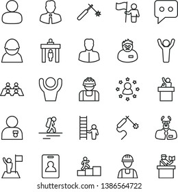 thin line vector icon set - builder vector, employee, racer, welding, gas, woman, man, think, conversation, scientist, carrer stairway, hands up, with medal, flag, hold, ladder, speaker, backpacker