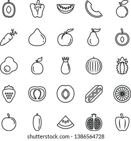 thin line vector icon set - Hot Dog vector, peper, carrot, fried egg, strawberry, ripe peach, half pomegranate, plum, rose hip, fig, blueberry, water melon, slice of, delicious, date fruit, tasty