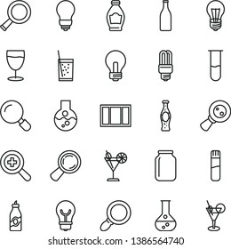 thin line vector icon set - incandescent lamp vector, zoom, window frame, bulb, magnifier, a glass of soda, cocktail, bottle, liquor, flask, mercury light, jar, magnifying, test tube