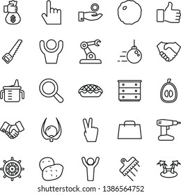 thin line vector icon set - magnifier vector, chest of drawers, measuring cup for feeding, big core, drill, arm saw, spatula, index finger, apple pie, cabbage, half loquat, physalis, potato, bag, up