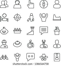 thin line vector icon set - image of thought vector, women, hat, with glasses, potty chair, funny hairdo, workman, employee, index finger, court hearing, man, in sight, goal woman, operator, think