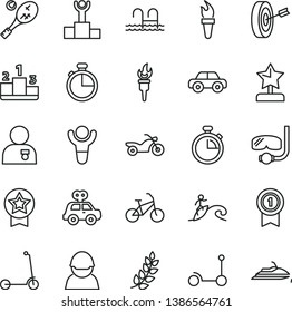 thin line vector icon set - stopwatch vector, motor vehicle, present, Kick scooter, child, timer, pedestal, racer, flame torch, winner, laurel branch, podium, star reward, man with medal, purpose