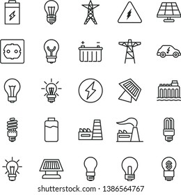 thin line vector icon set - matte light bulb vector, incandescent lamp, power socket type f, charge level, charging battery, solar panel, factory, hydroelectricity, line, pole, thermal plant, sun