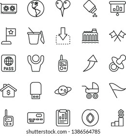 thin line vector icon set - wind direction indicator vector, dummy, baby powder, carriage, toy phone, mobile, children's sand set, colored air balloons, passport, move down, plum, planet Earth, gpu