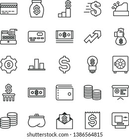 thin line vector icon set - bank card vector, purse, growth up, dollar, strongbox, coins, front of the, chart, denomination, financial item, money, cash, machine, cashbox, report, bag hand, pedestal