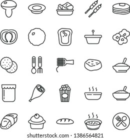 thin line vector icon set - iron fork spoons vector, loaf, noodles, mushroom, muffin, a bowl of buckwheat porridge, rice, in saucepan, hot, lettuce plate, milk, grill chicken leg, barbecue, cabbage