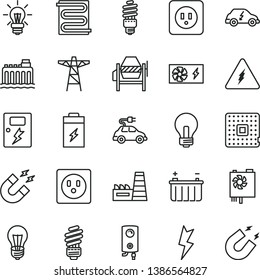 thin line vector icon set - incandescent lamp vector, concrete mixer, saving light bulb, power socket type b, lightning, dangers, heating coil, boiler, charging battery, hydroelectricity, pole