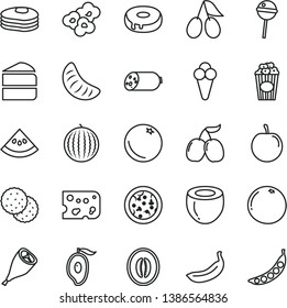 thin line vector icon set - sausage vector, piece of cheese, pizza, cake, with a hole, grill chicken leg,  popcorn, cup, cone, biscuit, pancakes, orange, cornels, tasty, water melon