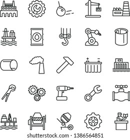 thin line vector icon set - winch hook vector, concrete mixer, adjustable wrench, cordless drill, gear, hammer, core, sea port, commercial seaport, valve, manufacture, oil, battery, pipe, pipes