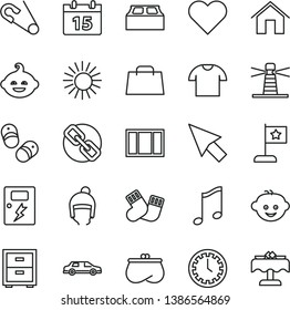 thin line vector icon set - clock face vector, spectacles, bedside table, open pin, warm socks, children's hairdo, funny, child shoes, winter hat, window frame, building block, dangers, home, heart