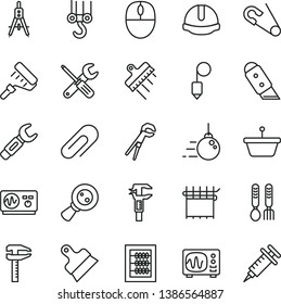 thin line vector icon set - clip vector, new abacus, open pin, iron fork spoons, winch hook, big core, small tools, adjustable wrench, paint roller, construction helmet, plummet, putty knife, pan