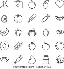 thin line vector icon set - first aid kit vector, measuring cup for feeding, electronic thermometer e, mercury, temperature, heart, eye, Hot Dog, a plate of milk, carrot, jar jam, orange, apple, red