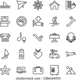 thin line vector icon set - plane vector, camper, hang glider, backpacker, escalator, suitcase, baggage scanner, hotel, boungalow, hawaii wreath, hospital bed, restaurant, starfish, transfer, safe