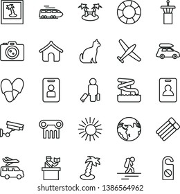 thin line vector icon set - earth vector, plane, train, car baggage, backpacker, airport tower, identity card, passenger, passort control, boungalow, sun, palm tree, aquapark, camera, photo, pets
