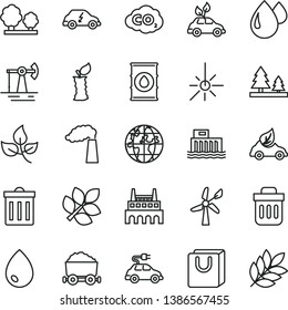 thin line vector icon set - bin vector, drop, bag with handles, apple stub, working oil derrick, leaves, wind energy, manufacture, hydroelectric station, trees, forest, industrial factory, eco car