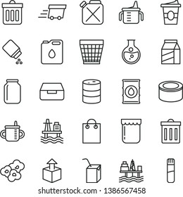 thin line vector icon set - wicker pot vector, bin, mug for feeding, measuring cup, baby powder, packing of juice with a straw, dust, drawer, package, unpacking, canned goods, popcorn, coffe to go