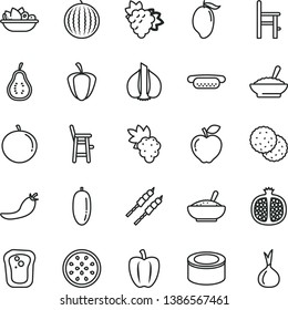 thin line vector icon set - a chair for feeding vector, child, canned goods, mini hot dog, bowl of buckwheat porridge, rice, plate fruit, barbecue, biscuit, sandwich, half pomegranate, grape, branch