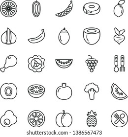 thin line vector icon set - iron fork spoons vector, cake with a hole, chicken leg, fried egg, apple, half apricot, pomegranate, large grape, squash, slice of water melon, sweet date fruit, banana