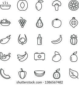 thin line vector icon set - measuring bottle for feeding vector, bag of a paramedic, hot porridge, plate fruit, chili, large grape, half medlar, slice melon, peach, lemon, yellow, juicy, banana