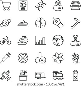 thin line vector icon set - dna vector, brain, satellite, globe, scientist, artifical insimination, growth graph, radar, sun panel, saturn, biology, syringe, ink pen, earth, train, camper, bike