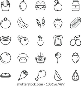 thin line vector icon set - fried vegetables on sticks vector, Hot Dog, big burger, cake, pie, porridge in a saucepan, chicken leg, grill, beet, garlic, Chupa Chups, French fries, jar of jam, orange