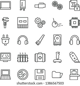 thin line vector icon set - medical bag vector, gears, arm saw, knife, radiator, electronic boiler, core, plug, caliper, notebook pc, encrypting, cpu, hdd, usb, headphones, network, folder, floppy