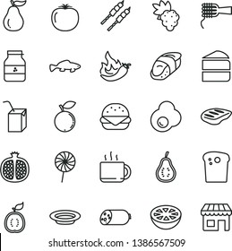 thin line vector icon set - packing of juice with a straw vector, sausage, Easter cake, big burger, noodles, piece, plate, chop, barbecue, lollipop, sushi, small fish, cup tea, fried egg, jar jam