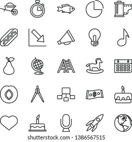 thin line vector icon set - heart symbol vector, incandescent lamp, stopwatch, horn, camera roll, pie chart, negative, small rocking horse, cake, garden trolley, ladder, microphone, Hot Dog, torte