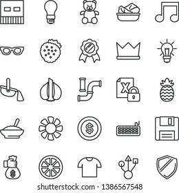 thin line vector icon set - teddy bear vector, T shirt, a bowl of buckwheat porridge, lettuce in plate, strawberries, juicy lemon, pineapple, garlic, water pipes, light bulb, steel production, fan