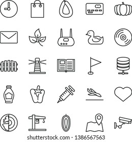 thin line vector icon set - heart symbol vector, pennant, rubber duck, crane, fence, wall clock, envelope, book, CD, big data server, stick of sausage, peper, bottle, sweet date fruit, pumpkin, bag