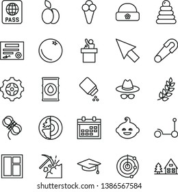 thin line vector icon set - calendar vector, hat with glasses, baby powder, safety pin, stacking rings, funny hairdo, Kick scooter, warm, window, hawser, passport, cone, apple, orange, coal mining