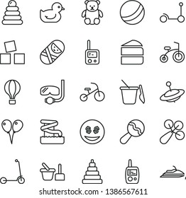 thin line vector icon set - beanbag vector, baby rattle, duckling, bath ball, stacking rings, toy, tumbler, phone, mobile, sand set, children's, small teddy bear, yule, cubes for children, tricycle