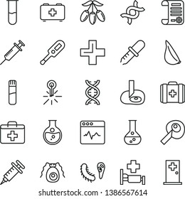 thin line vector icon set - first aid kit vector, plus, electronic thermometer e, bag of a paramedic, medical, cardiogram, garlic, goji berry, round flask, mercury, research article, test tube, dna