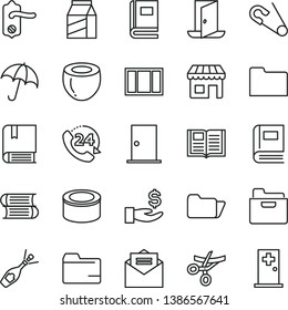 thin line vector icon set - folder vector, open pin, e, books, window frame, door knob, ntrance, received letter, book, umbrella, 24, package, canned goods, half of coconut, kiosk, get a wage, exit