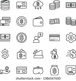 thin line vector icon set - bank card vector, dollar, cards, coins, reverse side of a, front the, column, denomination, catch coin, wallet, purse, money, cash, cashbox, bag hand, rain, gear, dialog