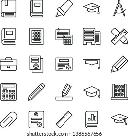 thin line vector icon set - clip vector, briefcase, graphite pencil, yardstick, new abacus, e, buildings, writing accessories, drawing, calculation, square academic hat, scribed compasses, graduate