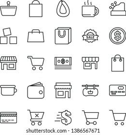thin line vector icon set - paper bag vector, bank card, dollar, children's potty, cubes for children, crossed cart, with handles, kiosk, stick of sausage, cup tea, stall, shopping, basket, wallet