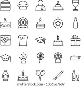thin line vector icon set - tassel vector, colored air balloons, cake, birthday, gift, square academic hat, Easter, piece of, slice, torte, lollipop, glass, bottle, giftbox, star cup, man with medal