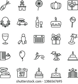 thin line vector icon set - daily calendar vector, balloon, cake, birthday, torte, Chupa Chups, lollipop, glass, pumpkin, wall, gift, giftbox, sand castle, wine, champagne, car baggage, passenger