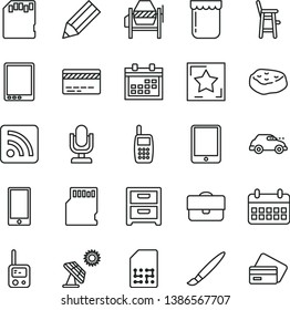 thin line vector icon set - tassel vector, desktop microphone, calendar, bank card, rss feed, toy phone, a chair for feeding child, concrete mixer, smartphone, nightstand, piece of meat, jam, SIM