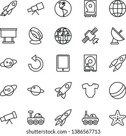 thin line vector icon set - counterclockwise vector, t short, bath ball, earth, planet, billboard, space rocket, tablet pc, hdd, telescope, satellite, antenna, saturn, lunar rover, starfish