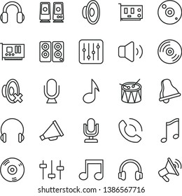 thin line vector icon set - bell vector, desktop microphone, horn, loudspeaker, silent mode, drum, headphones, music, CD, regulator, volume, phone call, pc card, speaker, note, settings