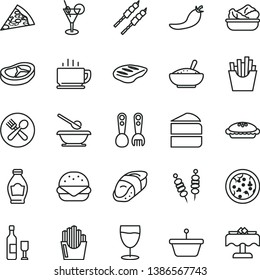 thin line vector icon set - plates and spoons vector, plastic fork, coffee, fried vegetables on sticks, pizza, piece of, big burger, cake, pie, a bowl rice porridge, lettuce in plate, bacon, chop