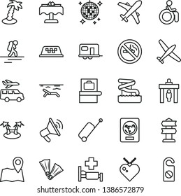 thin line vector icon set - plane vector, camper, taxi, backpacker, security gate, baggage scanner, passport, rolling case, beach, palm tree, disco ball, aquapark, hospital bed, restaurant, flippers - Shutterstock ID 1386572879