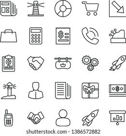 thin line vector icon set - negative chart vector, shopping cart, antique advertising signboard, lighthouse, coastal, woman, man, rocket, space, three gears, statistical overview, hand shake, cash