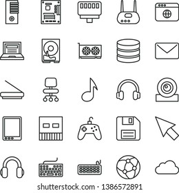 thin line vector icon set - floppy disk vector, laptop, keyboard, tablet pc, tower, motherboard, gpu card, web camera, hdd, usb, router, scanner, headphones, network, browser, lan connector, note
