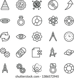 thin line vector icon set - renewal vector, stacking toy, tumbler, gear, eye, CD, delete page, plate, Measuring compasses, ring diagram, wall watch, atom, gears, drawing compass, saturn, diamond